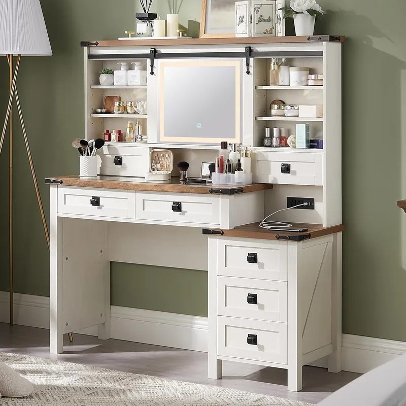 T4TREAM 48 Inch Farmhouse Makeup Vanity Desk with Sliding HD Mirror and Lights