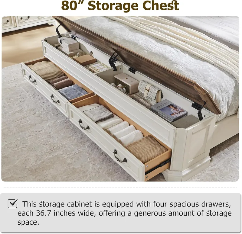 T4TREAM Farmhouse King Bed with Headboard and Storage Bench Rustic Wood Platform Bed