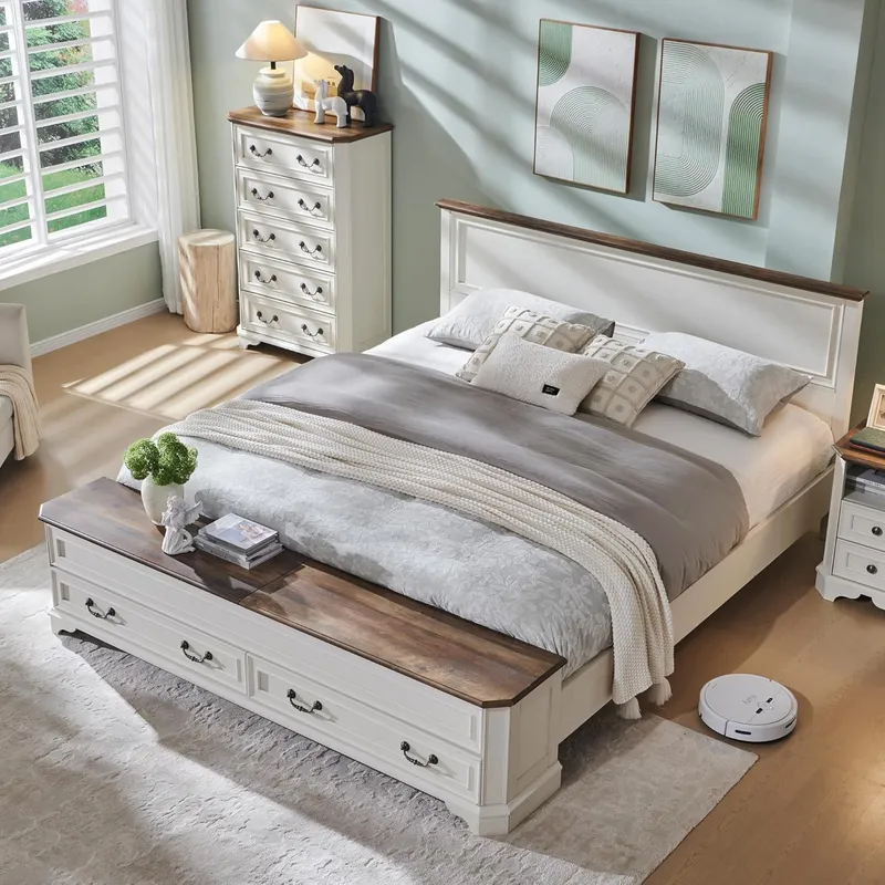T4TREAM Farmhouse King Bed with Headboard and Storage Bench